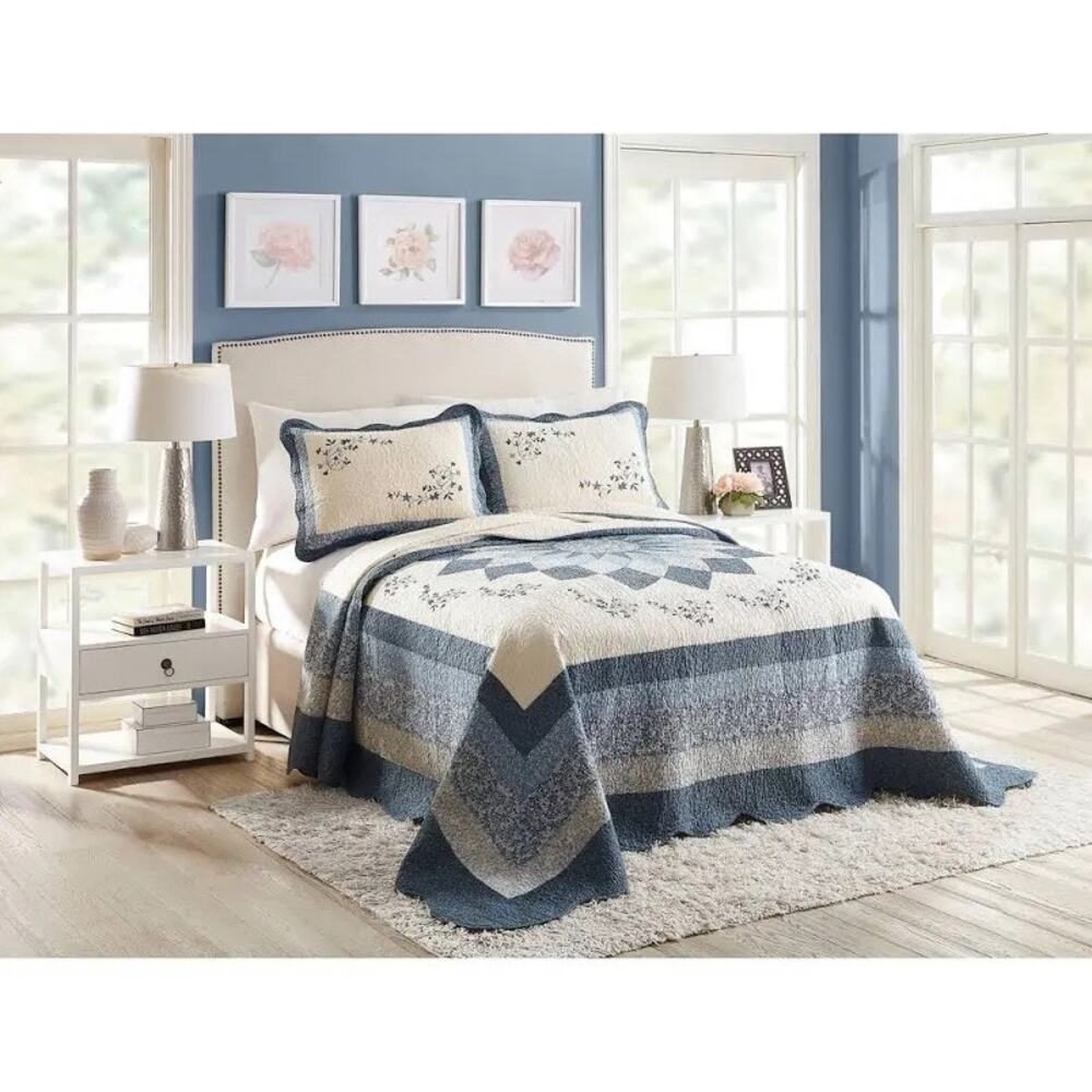 NEW! Modern Heirloom Charlotte Pieced Floral Embroidered Blue Bedspread Queen